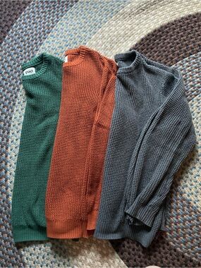 Pact Men's Crewneck Sweaters in Green, Rust, and Gray
